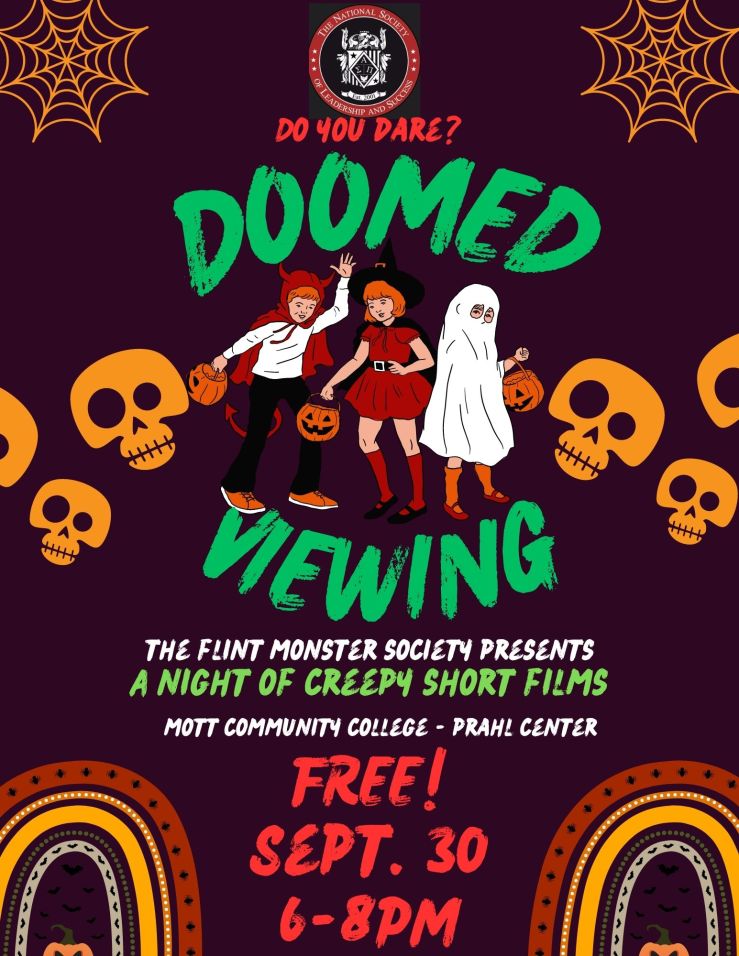 Flier for Doomed Viewing event featuring black background, orange skulls and children in Halloween costumes.