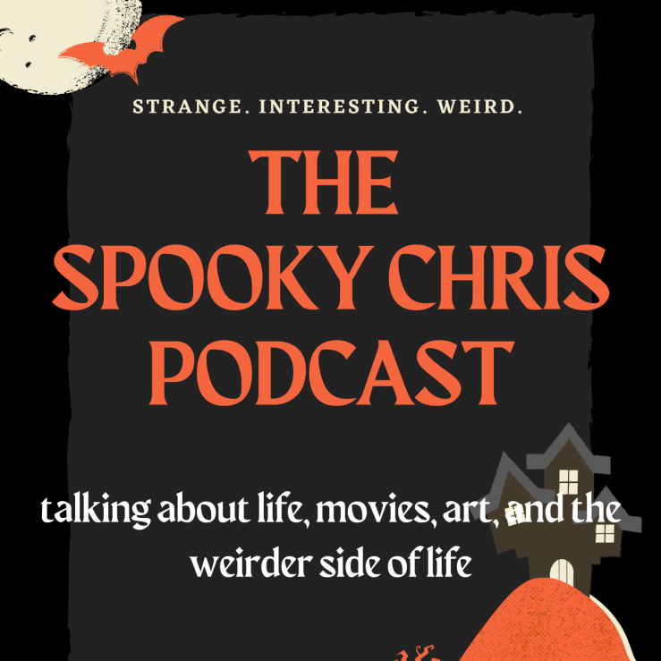 Promo image for the Spooky Chris Podcast featuring a creepy house on a hill and a bat flying in front of the moon all done in a cartoonish way.