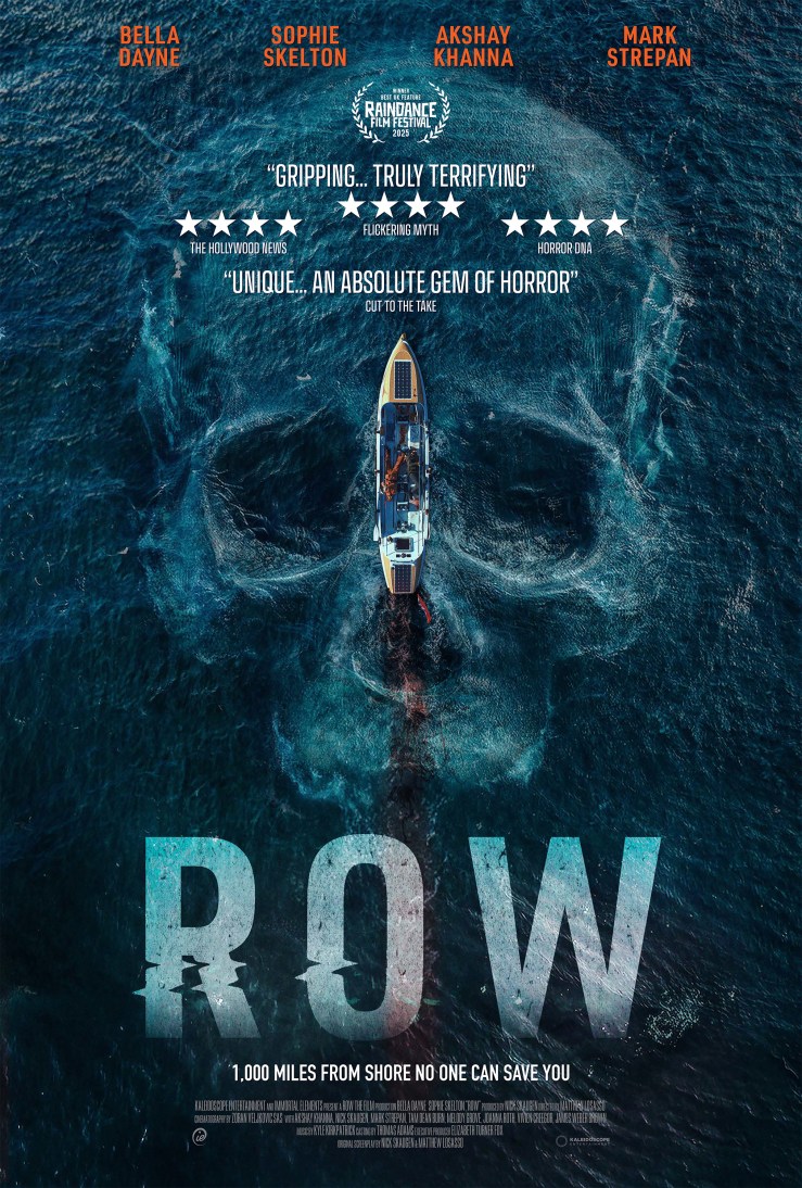 Poster for the film, showing the image of a skull in the water as a boat travels over it, with the word ROW beneath it.